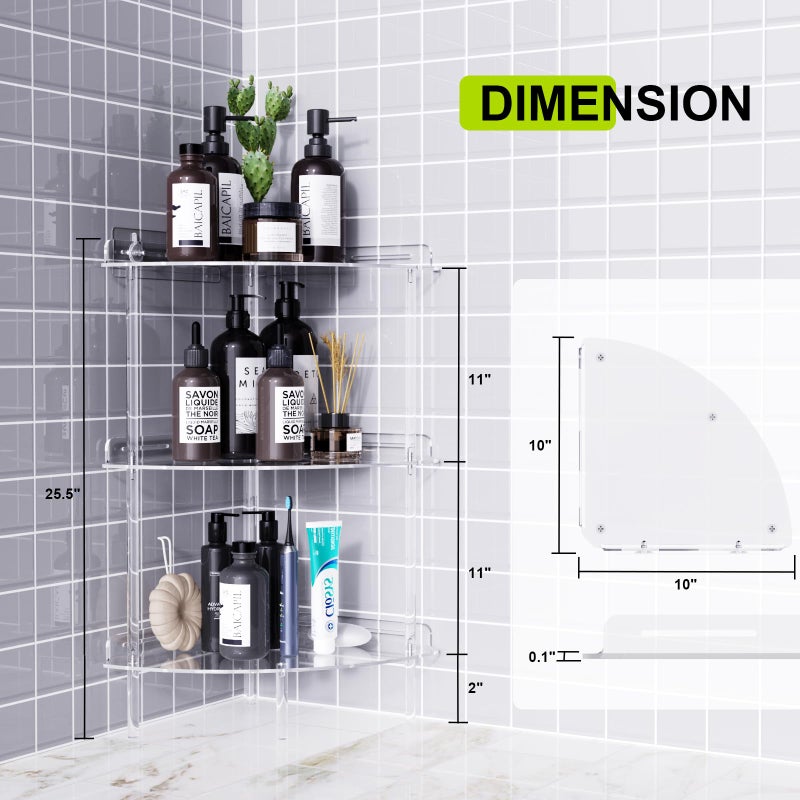Bakzon Corner Shower Caddy, 3 Tier Acrylic Shower Organizer Corner for Inside Shower, Rustproof Floor Standing Shower Shelves for Bathroom, Clear - Image 3